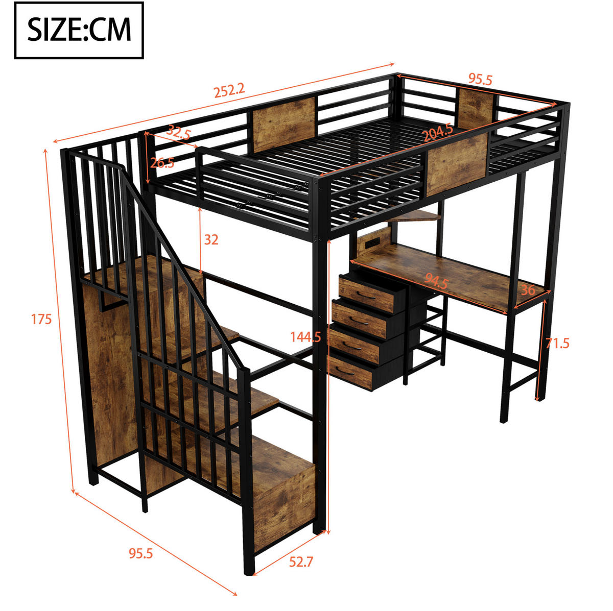 HOCHBETT 90/200 cm aus Metall mit Schreibtisch, Ablagen und LED-Beleuchtung Schwarz - Schwarz, Metall (90/200cm) - Modenvie