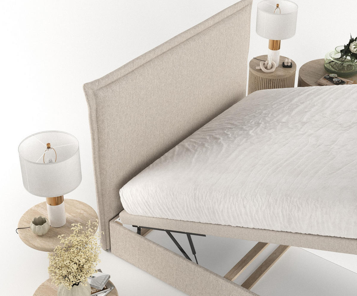 POLSTERBETT Eliot mit Stauraum 140/200 cm Hellbeige im Megan Stoff - Sandfarben/Schwarz, Holz/Holzwerkstoff (140/200cm) - AltaBeds