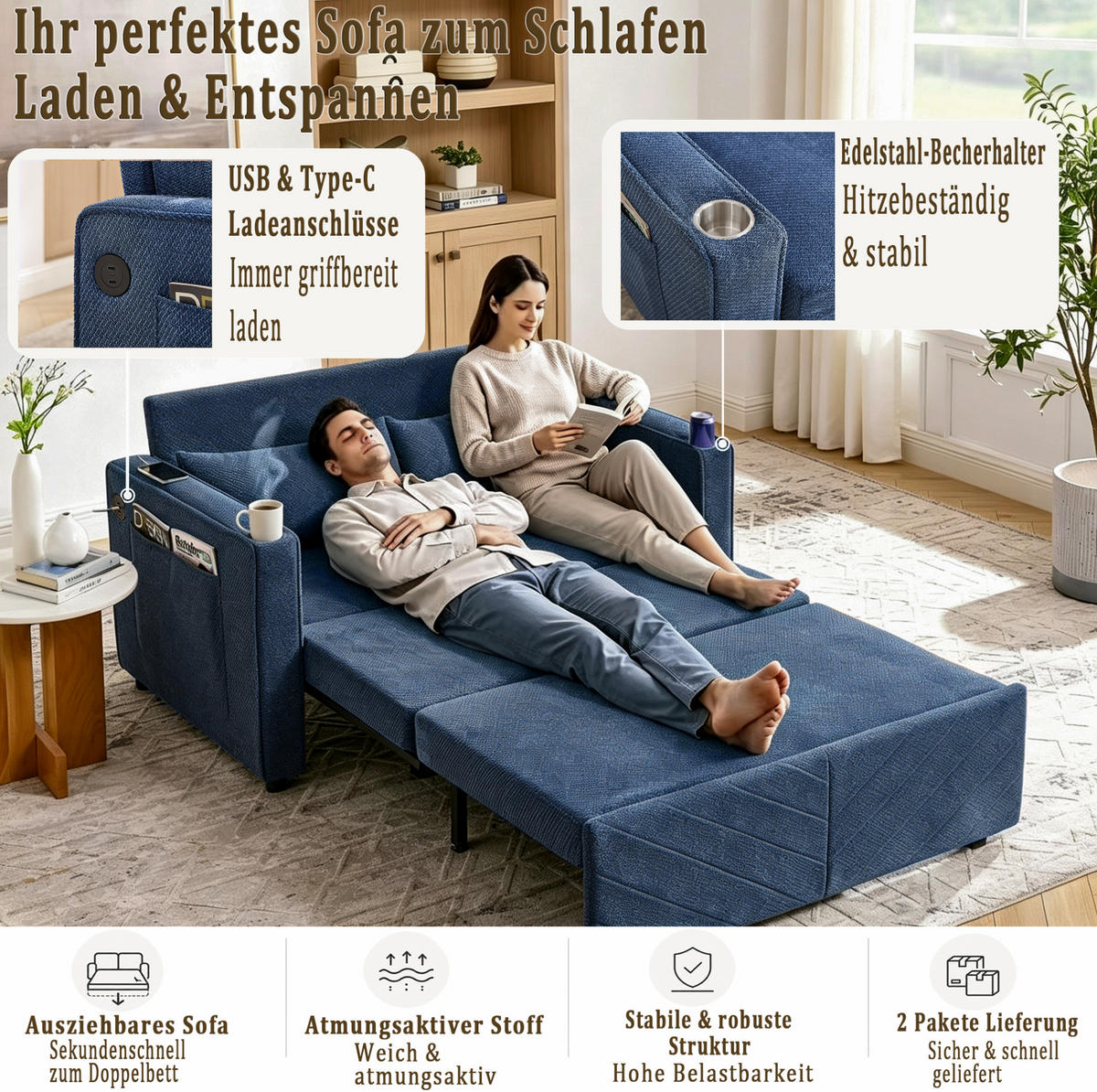 SCHLAFSOFA 3-in-1 aus Holz und Stoff mit USB-Ladefunktion Blau - Dunkelblau, Holz (134/73/195cm) - Modenvie