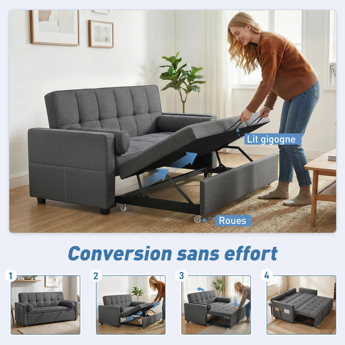 SCHLAFSOFA 2-Sitzer DE-14679 3-in-1 & 7-fach verstellbar Dunkelgrau - Dunkelgrau, Metall (137.5/84/80.5cm) - ComfortXL