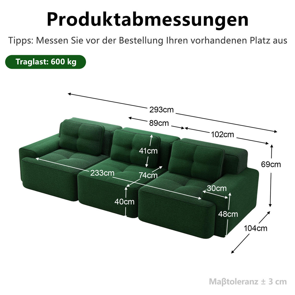 3-SITZER-SOFA DE-34113 modular rahmenlos mit Tiefsitz Grün - Grün, Textil (104/69/293cm) - ComfortXL