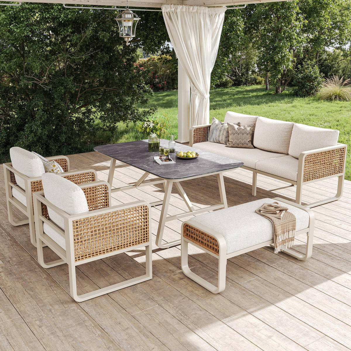 GARTENLOUNGE-SET aus PE-Rattan 178/61/76 cm mit Tisch, waschbaren Kissenbezügen und verstellbaren Füßen, Beige - Beige, Metall - Redom