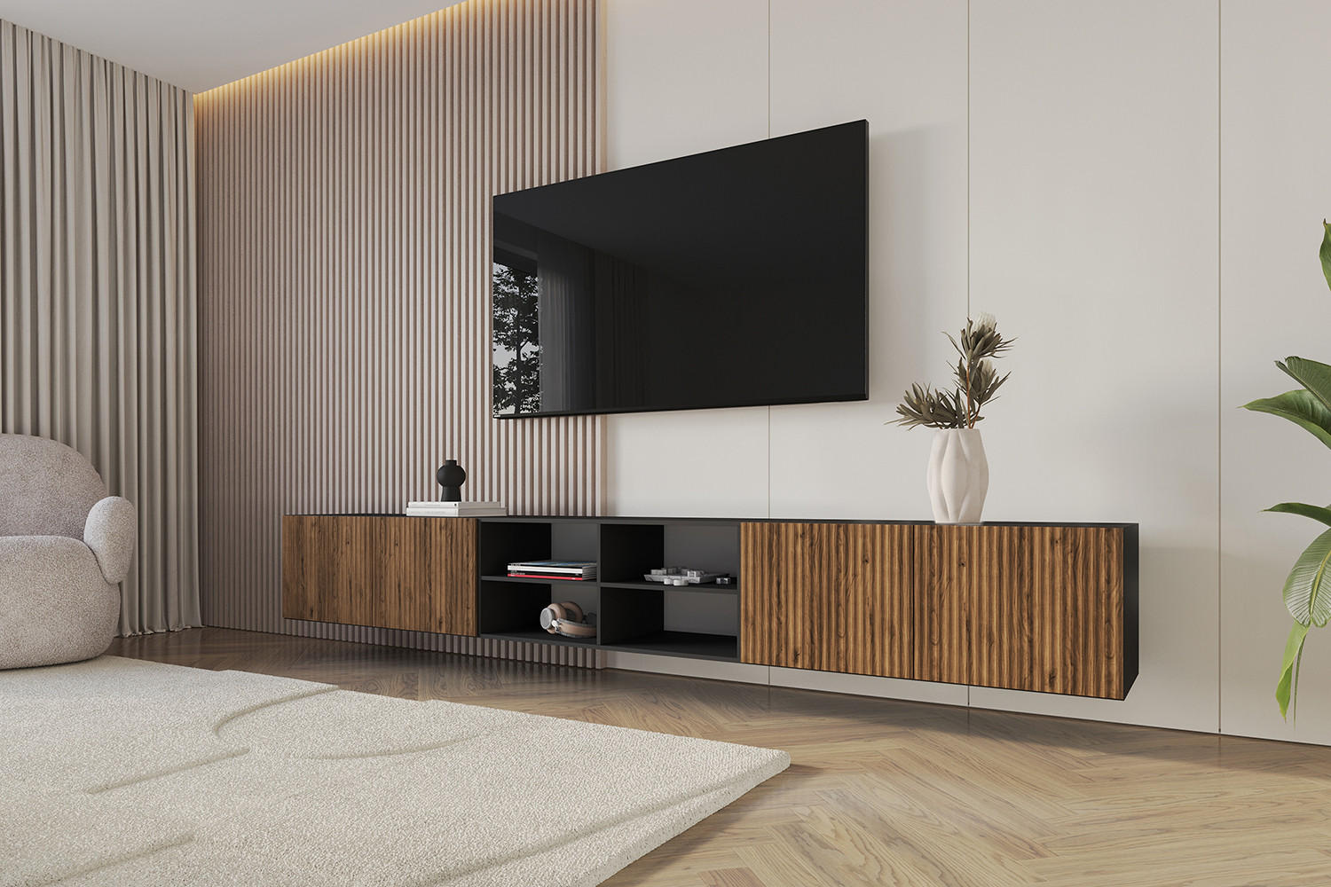 LOWBOARD NOA-2-W 3x100x40x41 cm - Schwarz / Katania - Eiche Wotan, Holzwerkstoff (300/40/41cm) - ALTDECOR