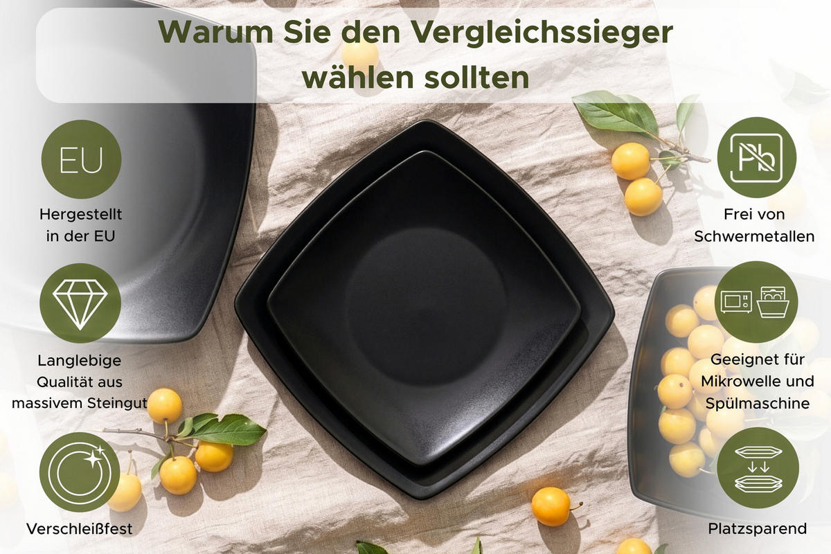 TAFELSERVICE EPIRI Geschirrset 6 Personen 18-tlg - Schwarz, Keramik (25/2/25cm) - KONSIMO®