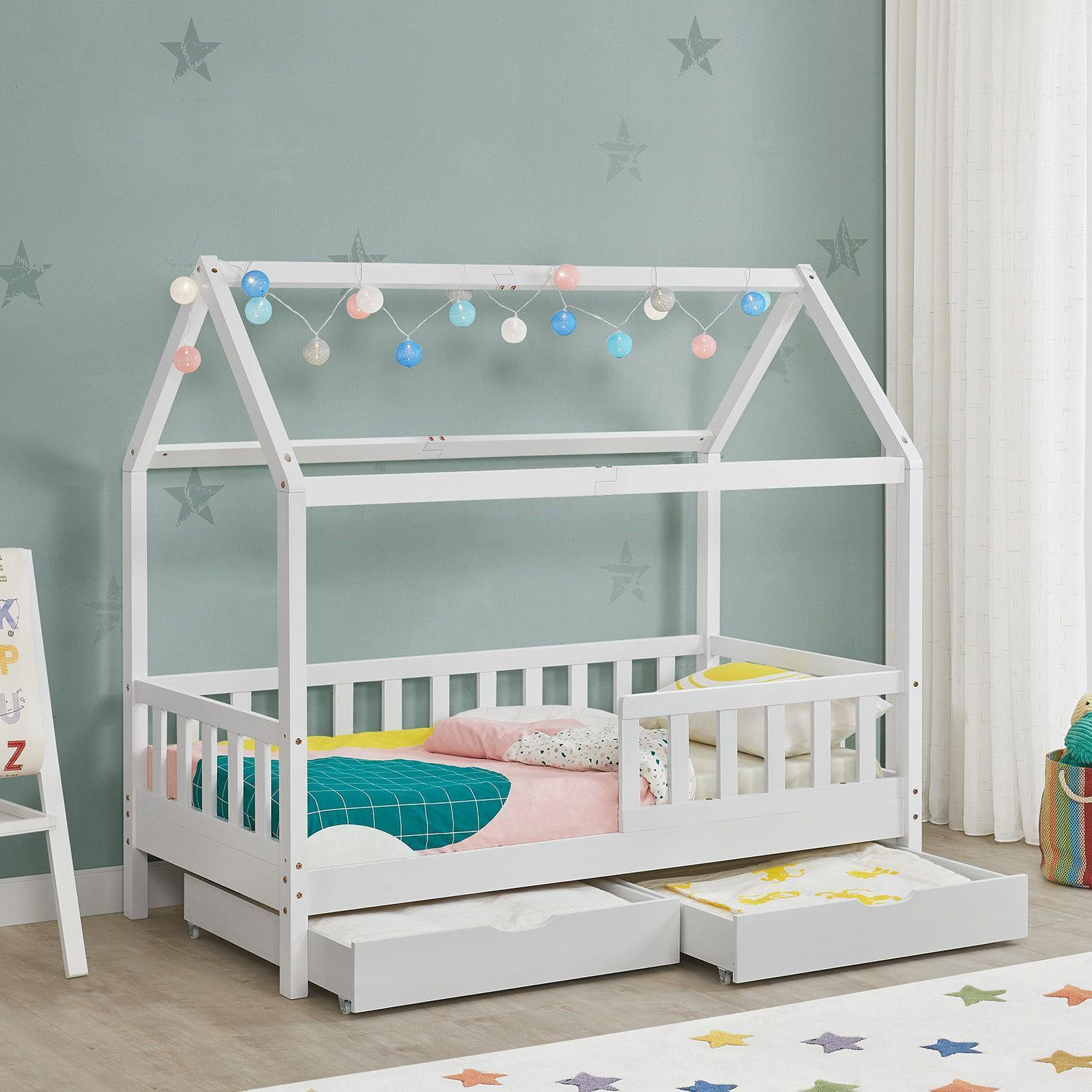 KINDERBETT Marli mit Matratze und Bettkasten weiß 90x200 cm - Weiß, Holz (90/200cm) - Juskys