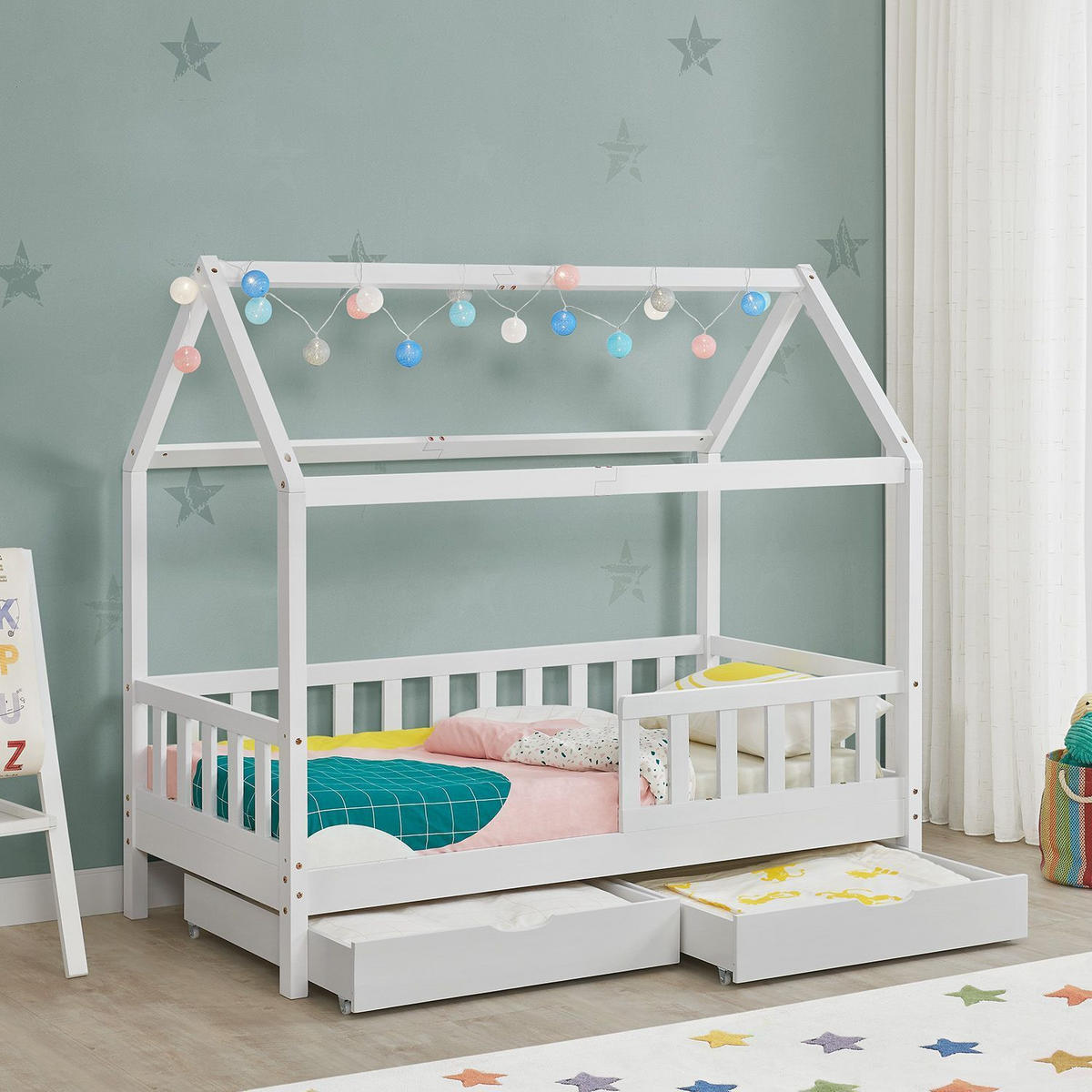 KINDERBETT Marli mit Matratze und Bettkasten weiß 90x200 cm - Weiß, Holz (90/200cm) - Juskys