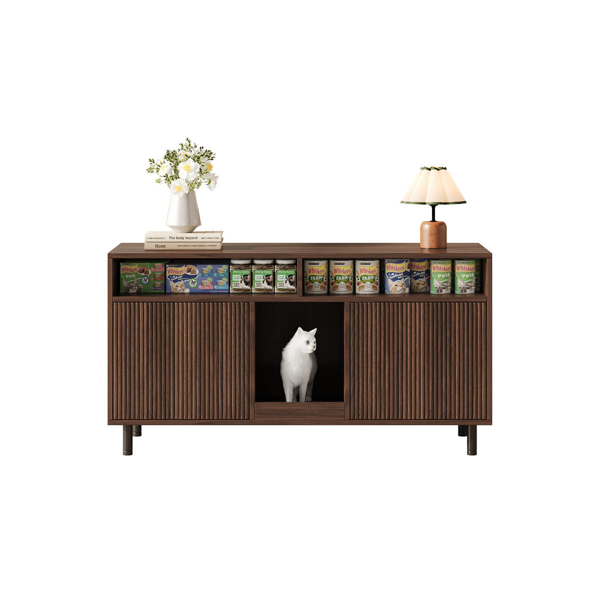 SIDEBOARD Nussbaumfarben aus MDF 120×50×66cm als Katzentoiletten-Schrank mit Sandauffangmatte und Ablagefächern - Nussbaumfarben, Holzwerkstoff (50/66/120cm) - Luhomfu