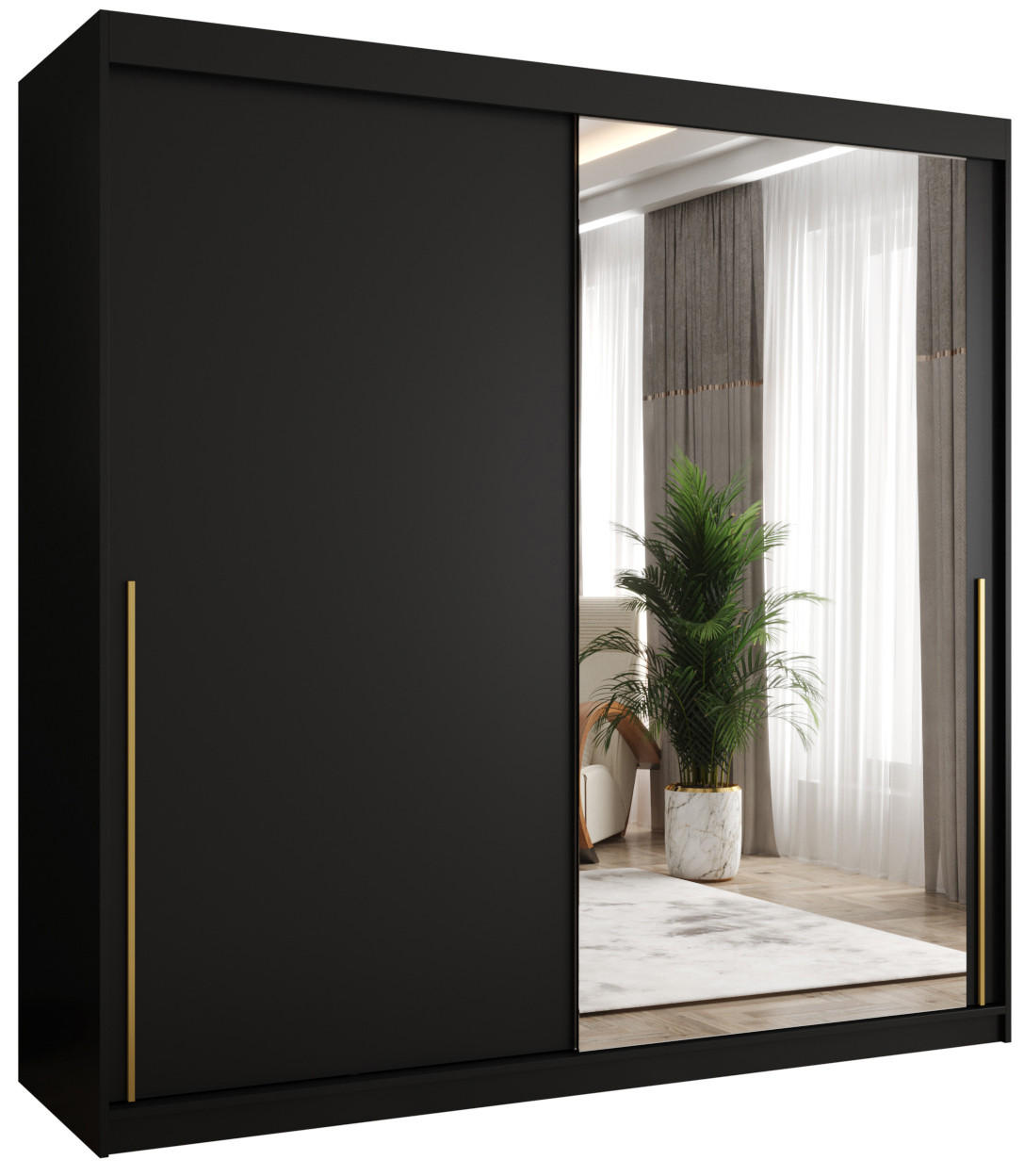 SCHIEBETÜRENSCHRANK mit Spiegel 200 cm Breite, schwarz mit goldenem Griff - Goldfarben/Schwarz, Holzwerkstoff (250/200/62cm) - Home Collective