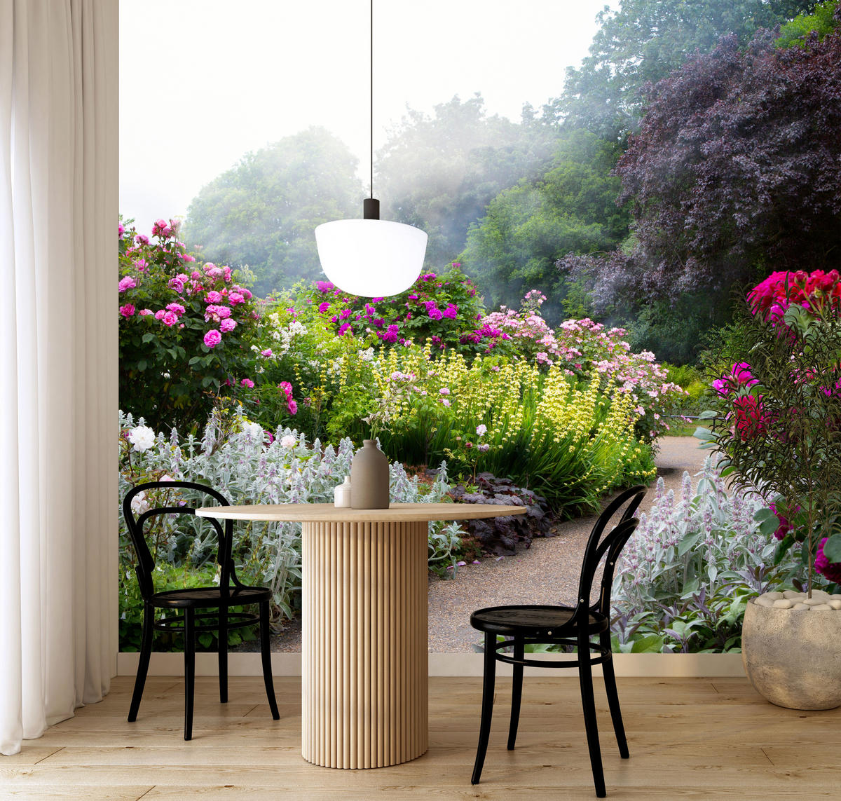 FOTOTAPETE für Schlafzimmer Bunte Blumen Waldweg Rosen Bäume 450x315 - Gelb/Violett, Papier (450/315cm) - Muralo