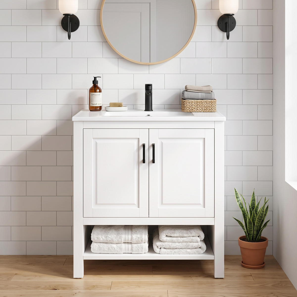 WASCHTISCH 76,5cm Keramikbecken Doppeltür & offene Regale Weiß - Weiß, Holzwerkstoff (76.5/83/47cm) - Urban Meuble