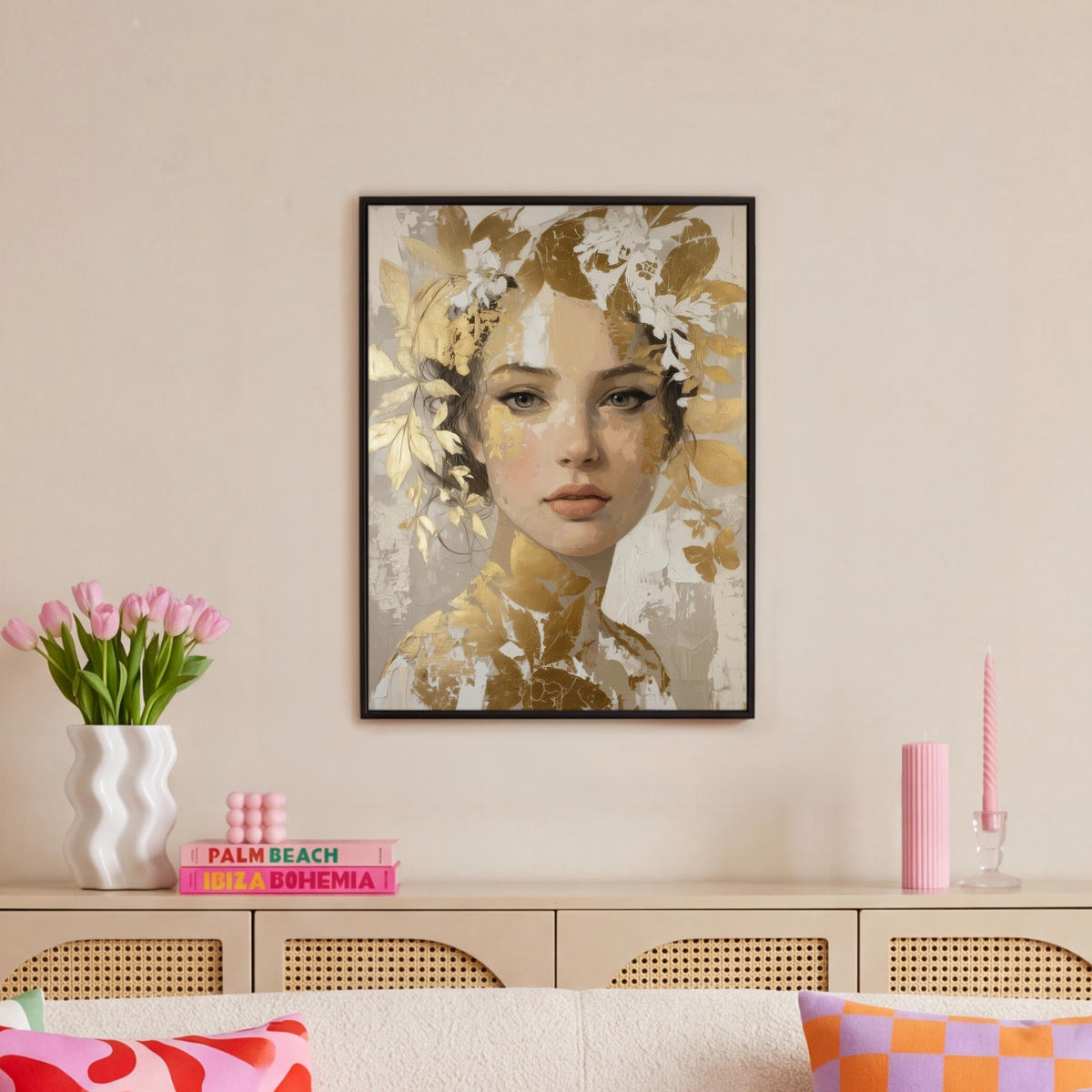 LEINWAND Bilder mit Rahmen - Gesicht - Frau - Blätter - Gold - 50x70 - Beige, Textil (50/70cm) - MuchoWow