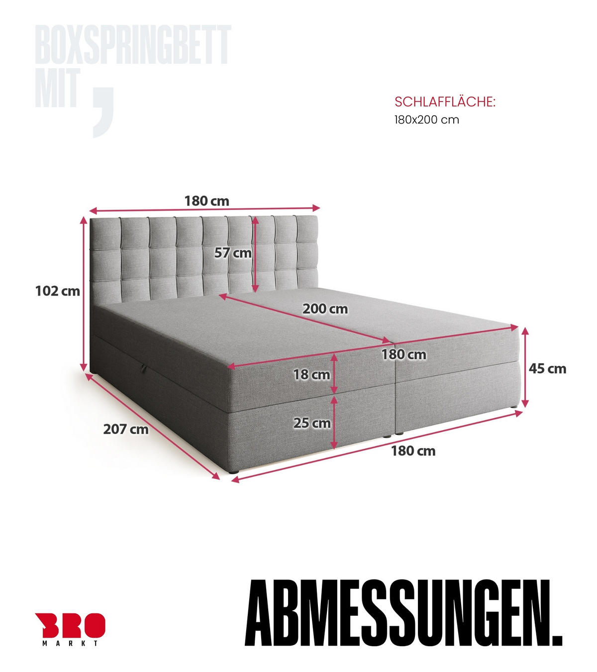BOXBETT Detroit mit Topper 180/200 Hellgrau - Hellgrau, Holzwerkstoff/Textil (180/200cm) - Bromarkt