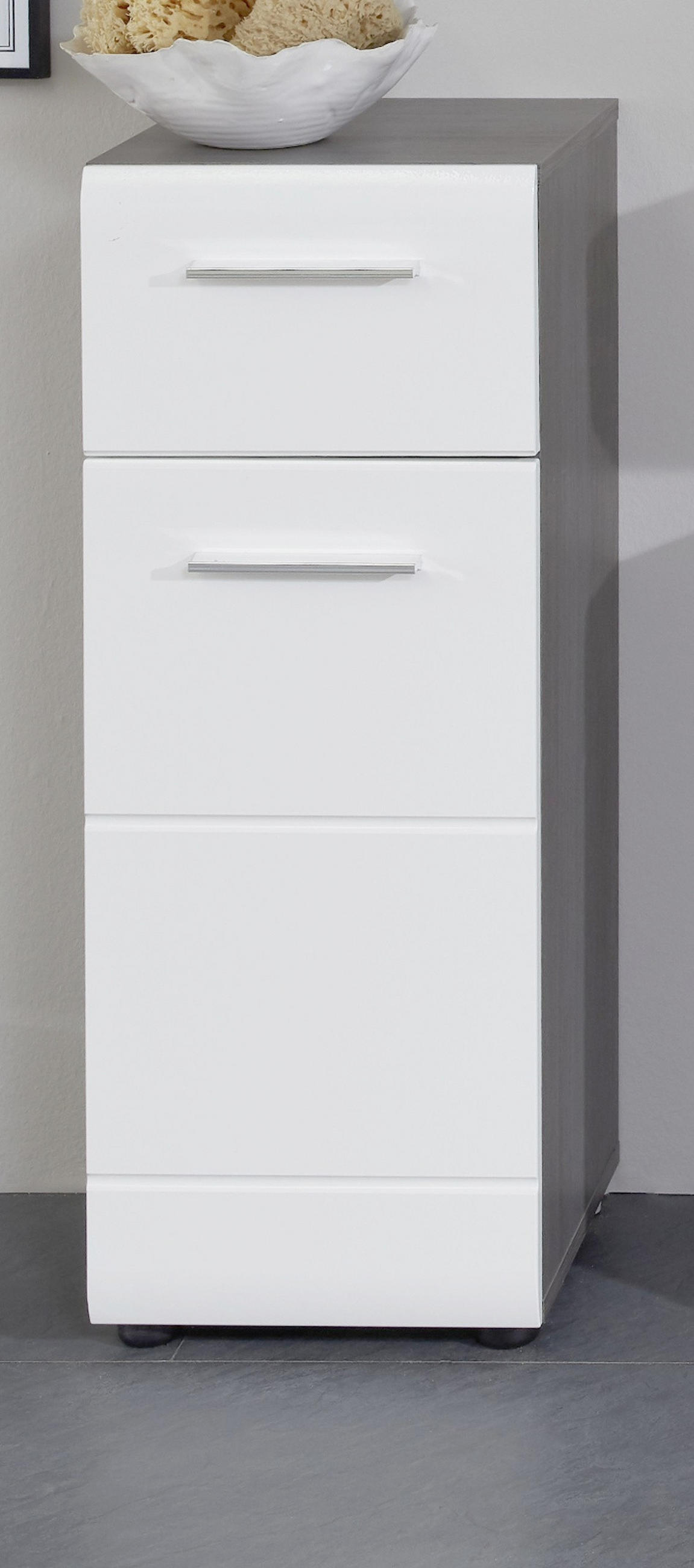 UNTERSCHRANK weiß Hochglanz, grau Rauchsilber, Badschrank 30 cm, Türanschlag wechselbar - Weiß Hochglanz/Silberfarben, Holzwerkstoff/Kunststoff (30/80/31cm) - Top.Furn