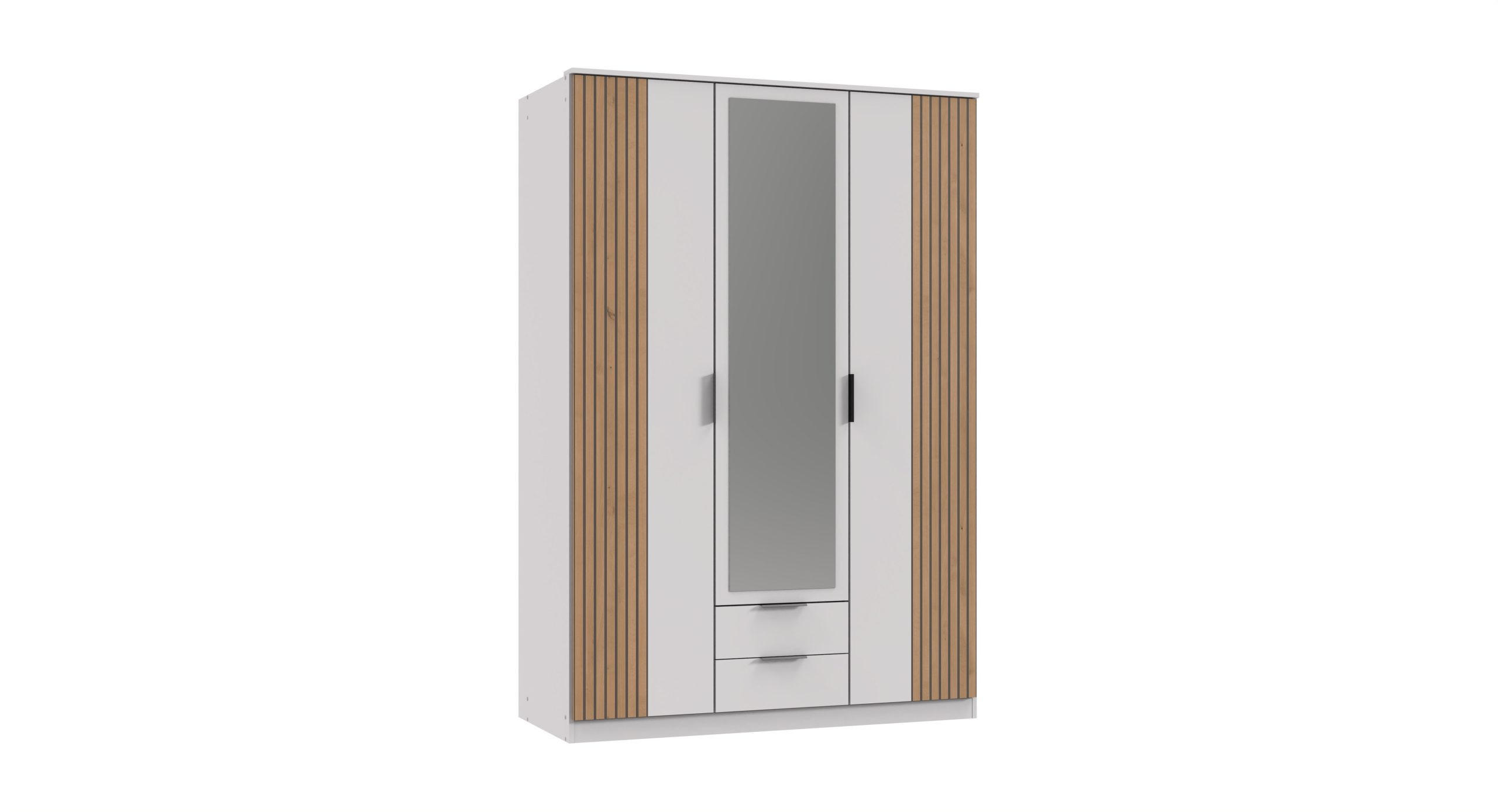 KLEIDERSCHRANK Rügen in Weiß und Artisan Eiche – mit Akustiklamellen - Drehtürenschrank - Weiß, Holzwerkstoff (135/199/58cm)