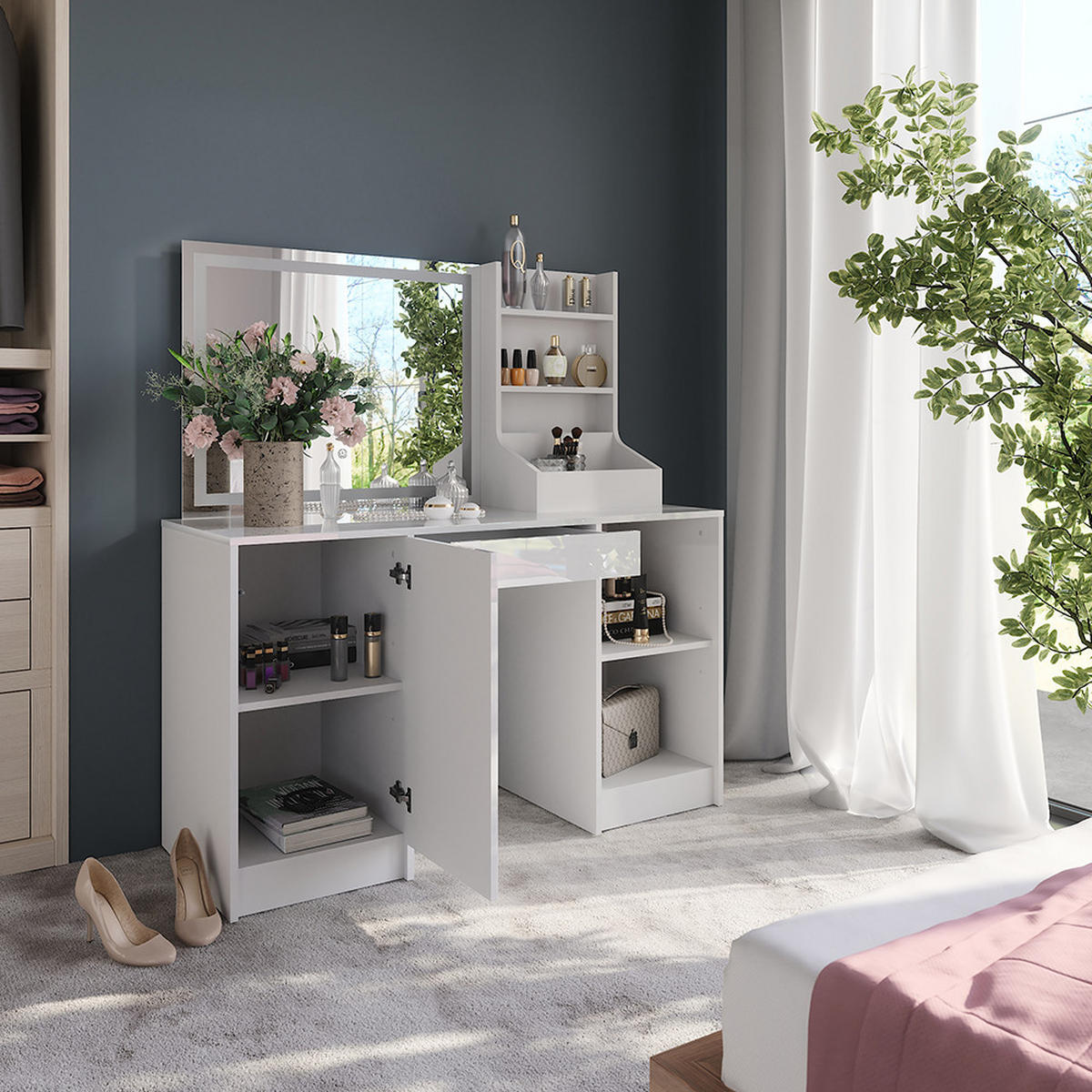 SCHMINKTISCH Sherry Weiß/Weiß Hochglanz 128.2 cm mit LED-Spiegel - Weiß Hochglanz, Holzwerkstoff (128.2/76/50.1cm) - Vicco