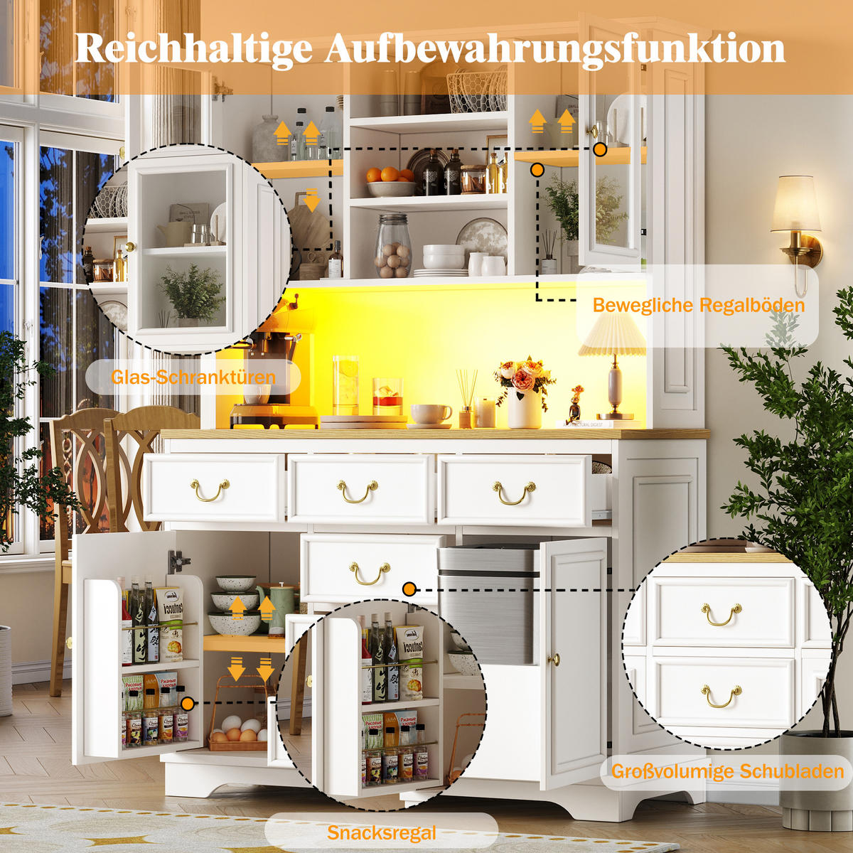 HIGHBOARD in Weiß Küchenschrank mit LED-Lichtleiste und Schubladen für Küche und Wohnzimmer, B118/T39.5/H180 cm - Weiß, Glas/Holzwerkstoff (118/180/39.5cm) - STILVORA