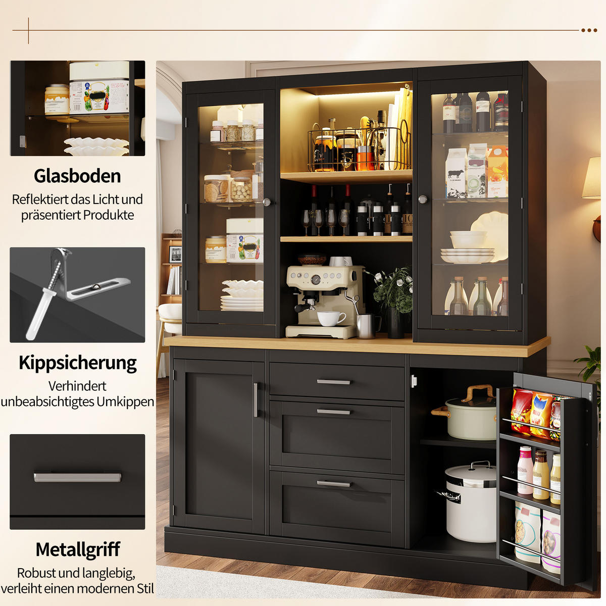 KÜCHENSCHRANK LED App 185x140x40Cm Arbeitsplatte - Schwarz, Holzwerkstoff (140/185/40cm) - FLIEKS