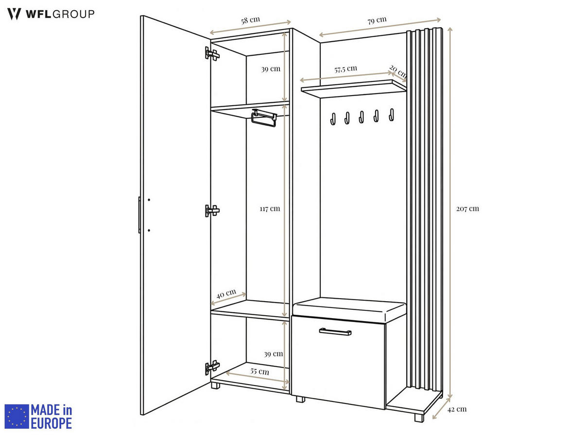GARDEROBE Linaro mit Spiegel, Sitzbank in Lamellen-Optik 137/207/42 cm, Links - Schwarz/Braun, Holzwerkstoff (137/207/42cm) - WFL GROUP
