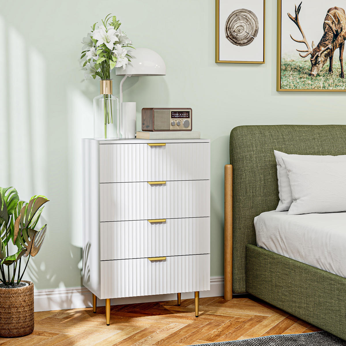 KOMOODE DE-12919 4 Schubladen, geriffelte Fronten Weiß - Weiß, Holzwerkstoff (60/96/40cm) - ComfortXL