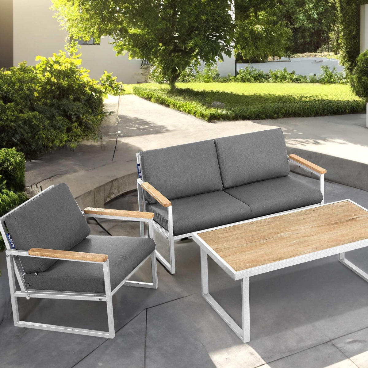 GARTENSOFA TRIBO 2-Personen ,Weiß/Grau - Weiß/Grau, Holz/Textil (130/65/60cm) - KONSIMO®