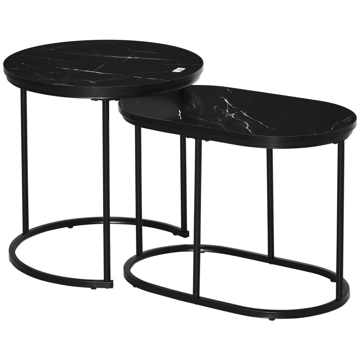 2ER Set Couchtisch Satztisch Rund mit Faux Marmor Seite bis 30 kg Stahl Schwarz - Schwarz, Holzwerkstoff/Metall (50/50/50.5cm) - HOMCOM