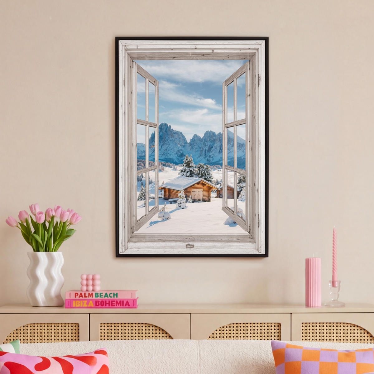 LEINWAND Bilder mit Rahmen - Winterlandschaft - Hütte - Berge - Ausblicke - Aussicht - Natur - 60x90 - Weiß Hochglanz, Textil (60/90cm) - MuchoWow