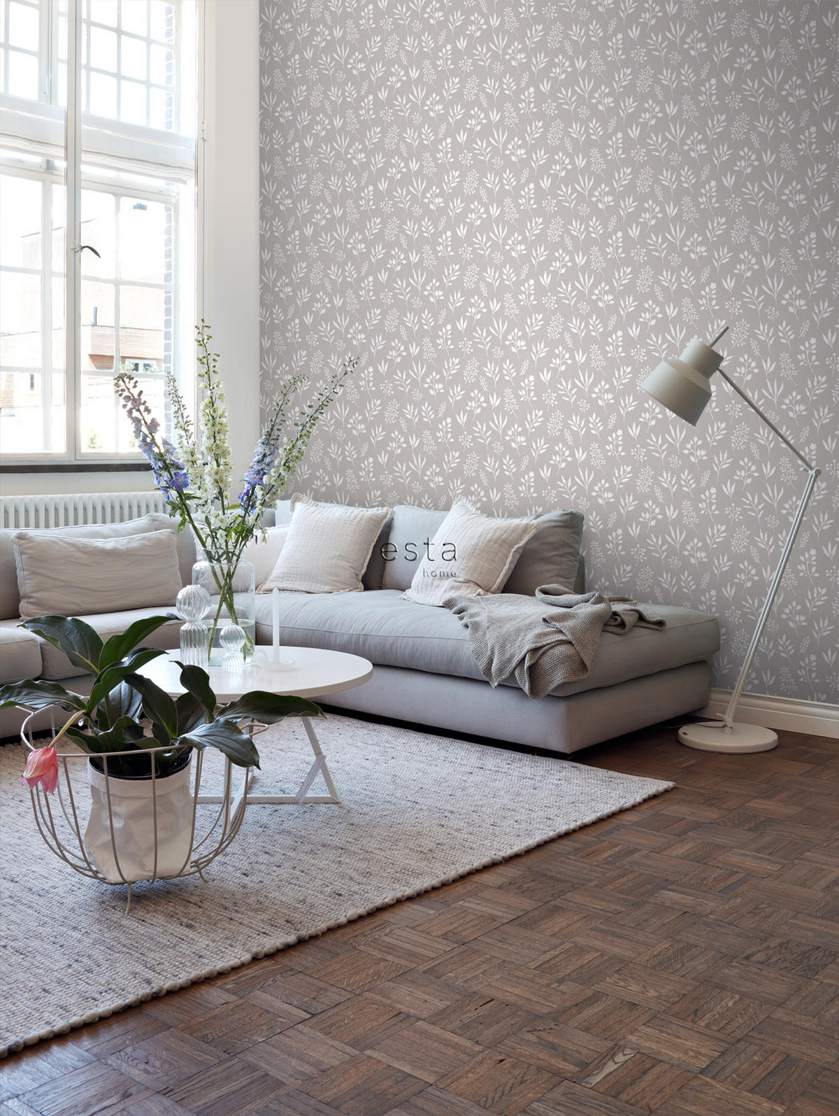 TAPETE Blumenmuster im skandinavischen Stil 53 cm x 10.05 m - Grau, Papier (53/1000cm) - ESTAhome