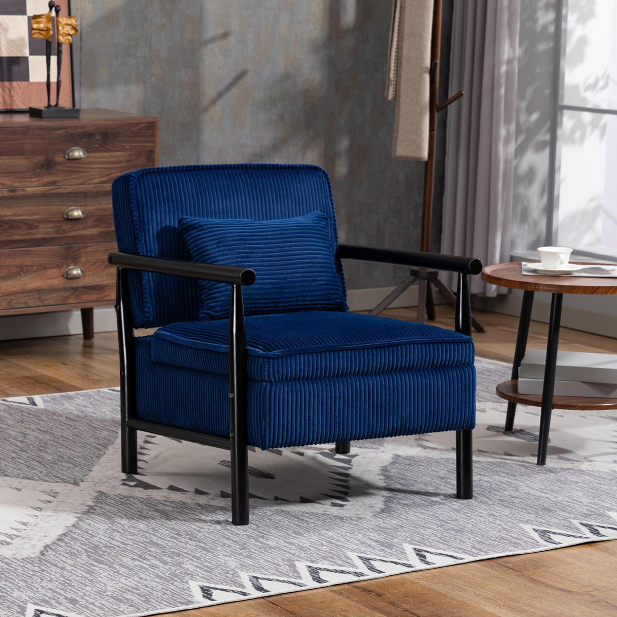 SESSEL Samt Blau mit Lendenkissen und Ablage - Blau, Holzwerkstoff/Textil (93/73/66cm) - WISHDOR