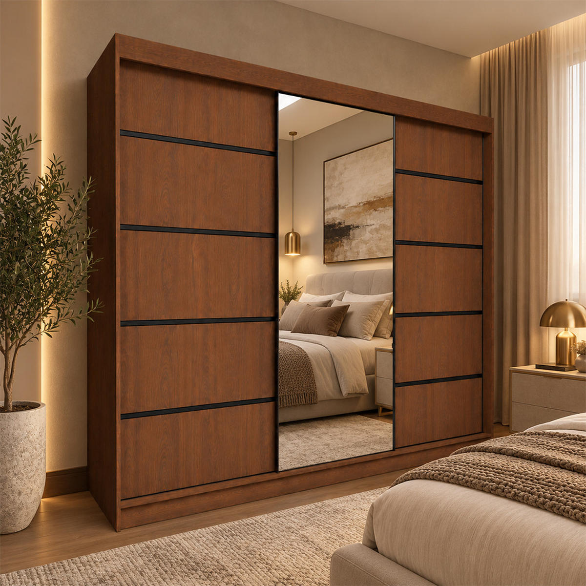 KLEIDERSCHRANK Malika 240 cm Nussbaum Warmia Spiegel 4 Schubl. Griffe schwarz - Nussbaumfarben, Holzwerkstoff (240/216/61cm) - KS Home Concept