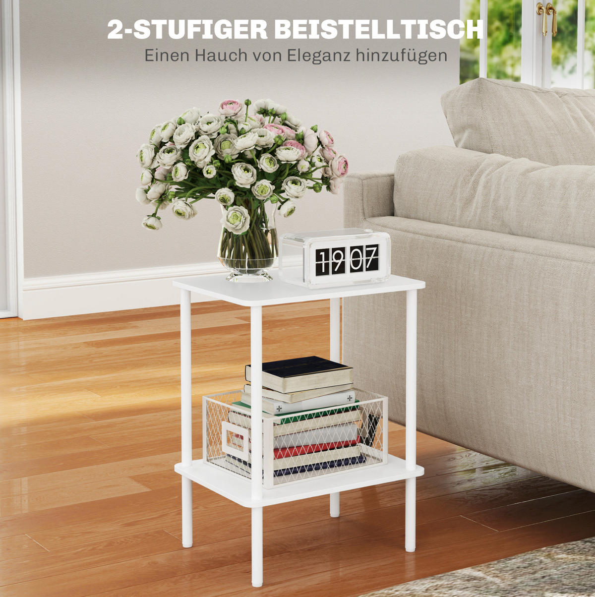 BEISTELLTISCH 40/30/52,2 cm mit 2 Ablagen, Metallrahmen und Holzwerkstoff, Weiß - Weiß, Holzwerkstoff (30/40/52.2cm) - Redom