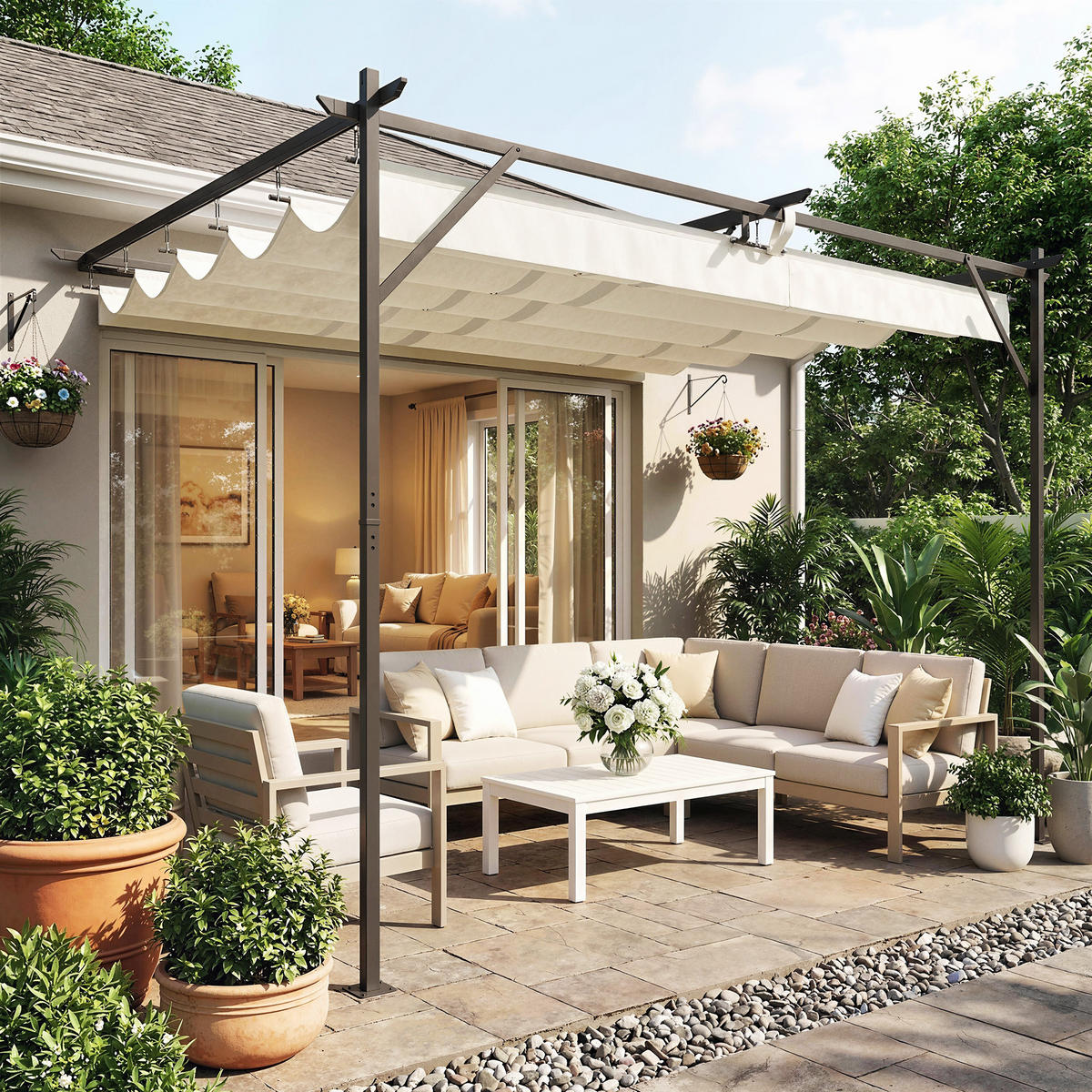 PERGOLA Stahl Polyester Cremeweiß - Creme/Braun, Textil/Metall (297/225/396cm) - Outsunny