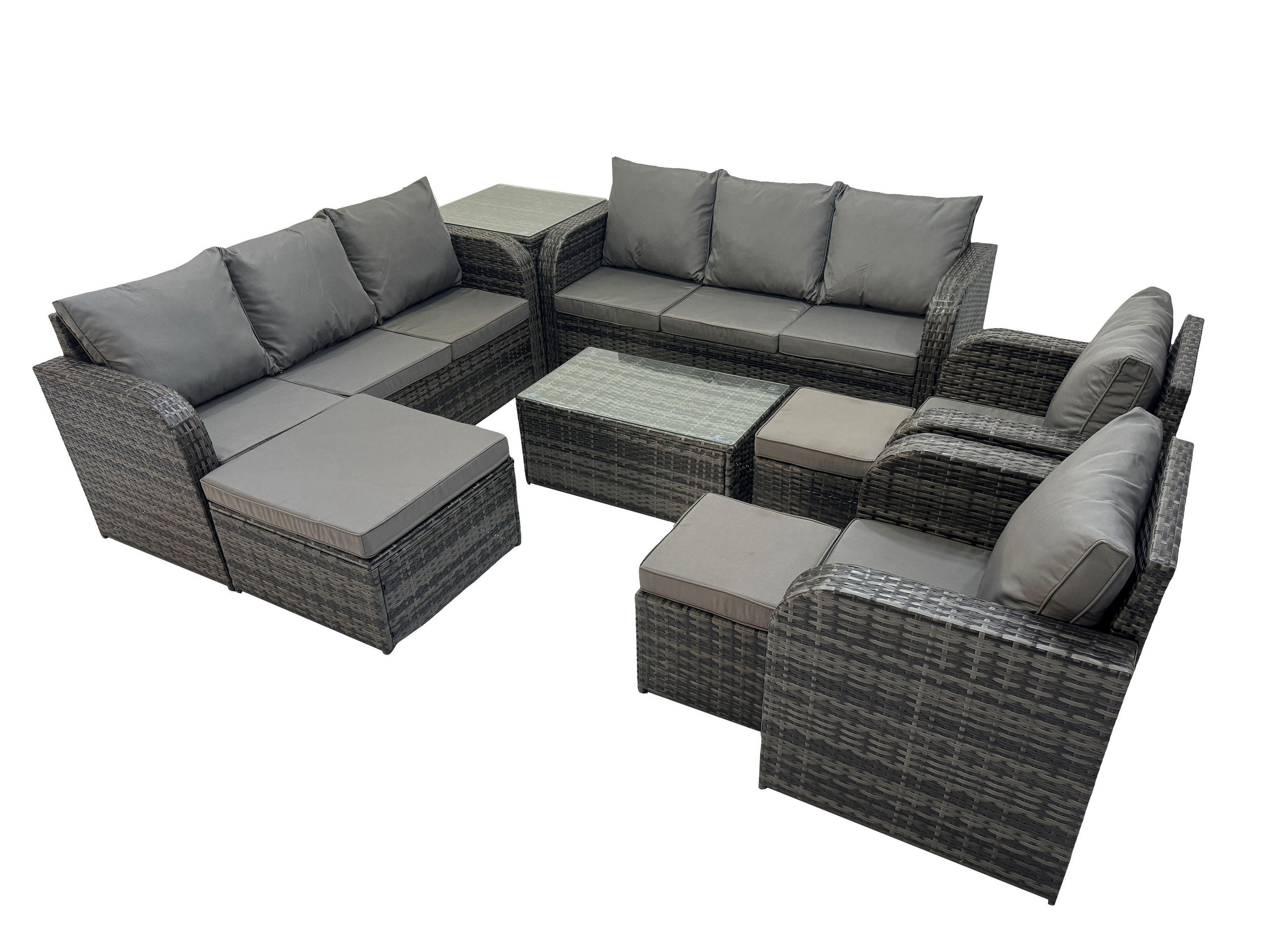 GARTENMÖBEL-SET mit Kissen Polyrattan Dunkelgrau 11-Sitzer - Dunkelgrau/Grau, Glas/Kunststoff - Fimous