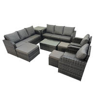 GARTENMÖBEL-SET mit Kissen Polyrattan Dunkelgrau 11-Sitzer - Dunkelgrau/Grau, Glas/Kunststoff - Fimous