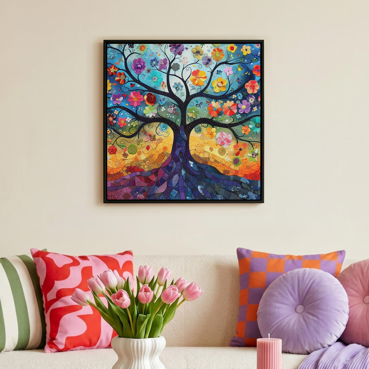 LEINWAND Bilder mit Rahmen - Kunst - Baum des Lebens - Blumen - Hippie - 50x50 - Dunkelblau, Textil (50/50cm) - MuchoWow