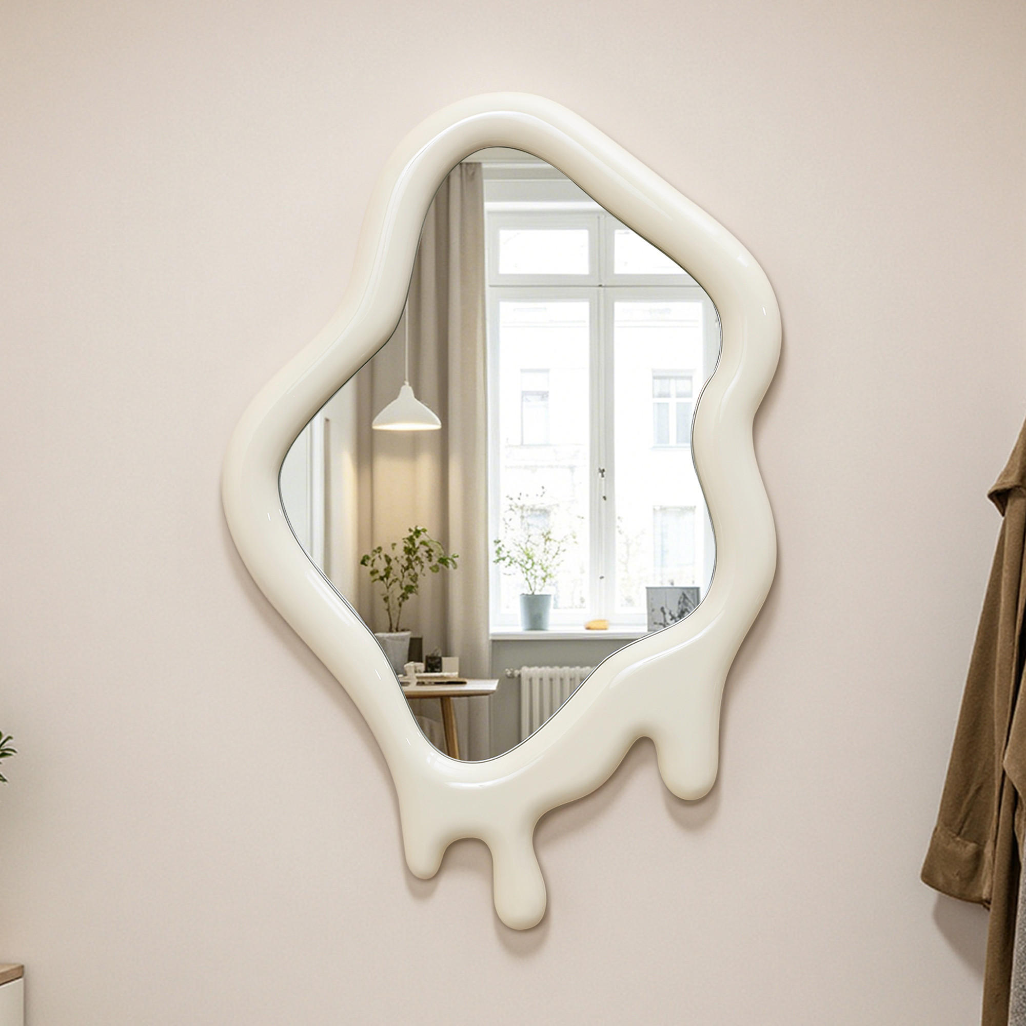 ASYMMETRISCHER Spiegel mit Holzrahmen 75×50 cm - Creme, Glas/Holz (50/3.5/75cm)