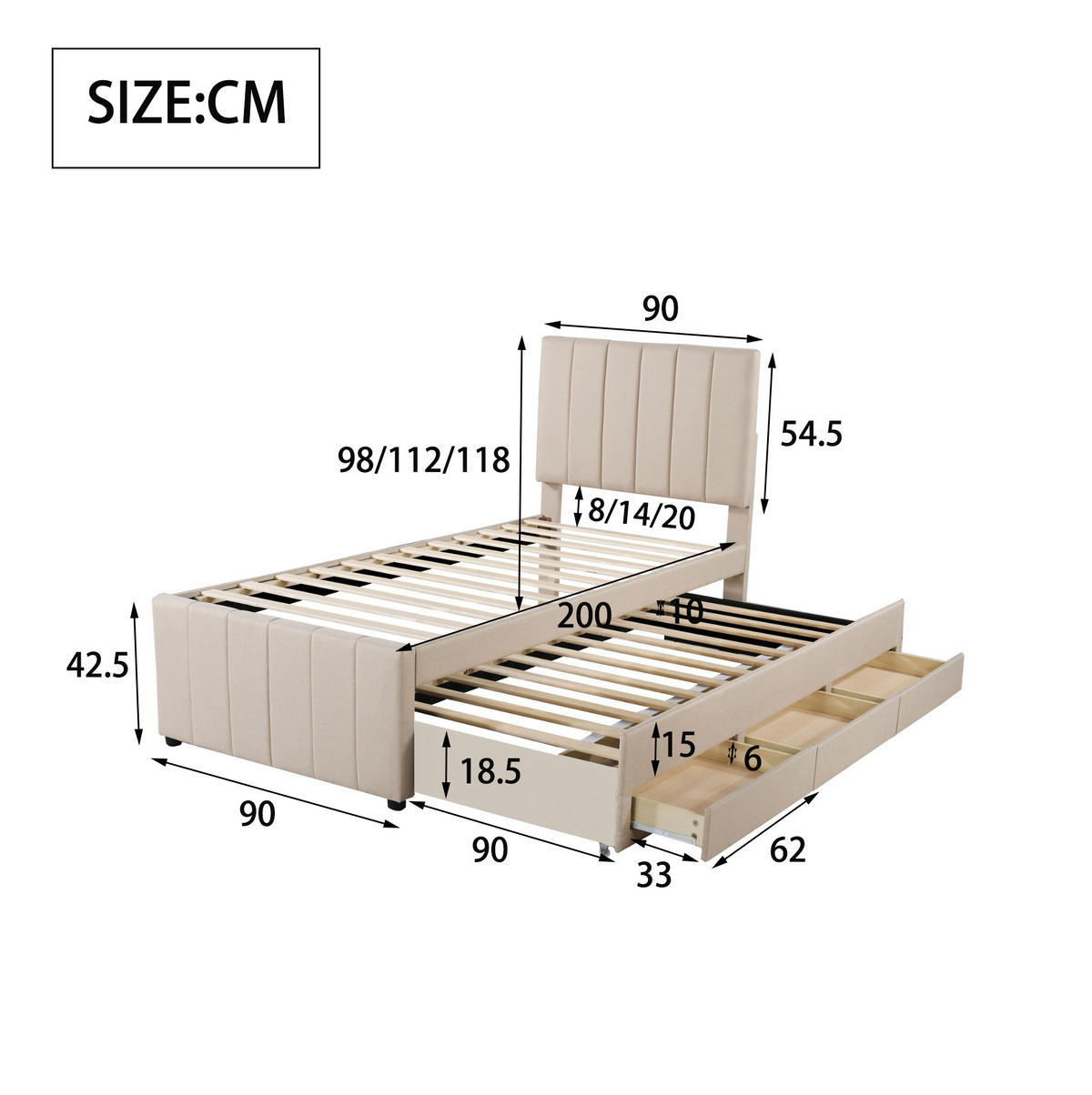 POLSTERBETT 90/200 cm mit Ausziehbett und 3 Schubladen, höhenverstellbarem Kopfteil und Leinenbezug, Beige - Beige, Textil (90/200cm) - Redom