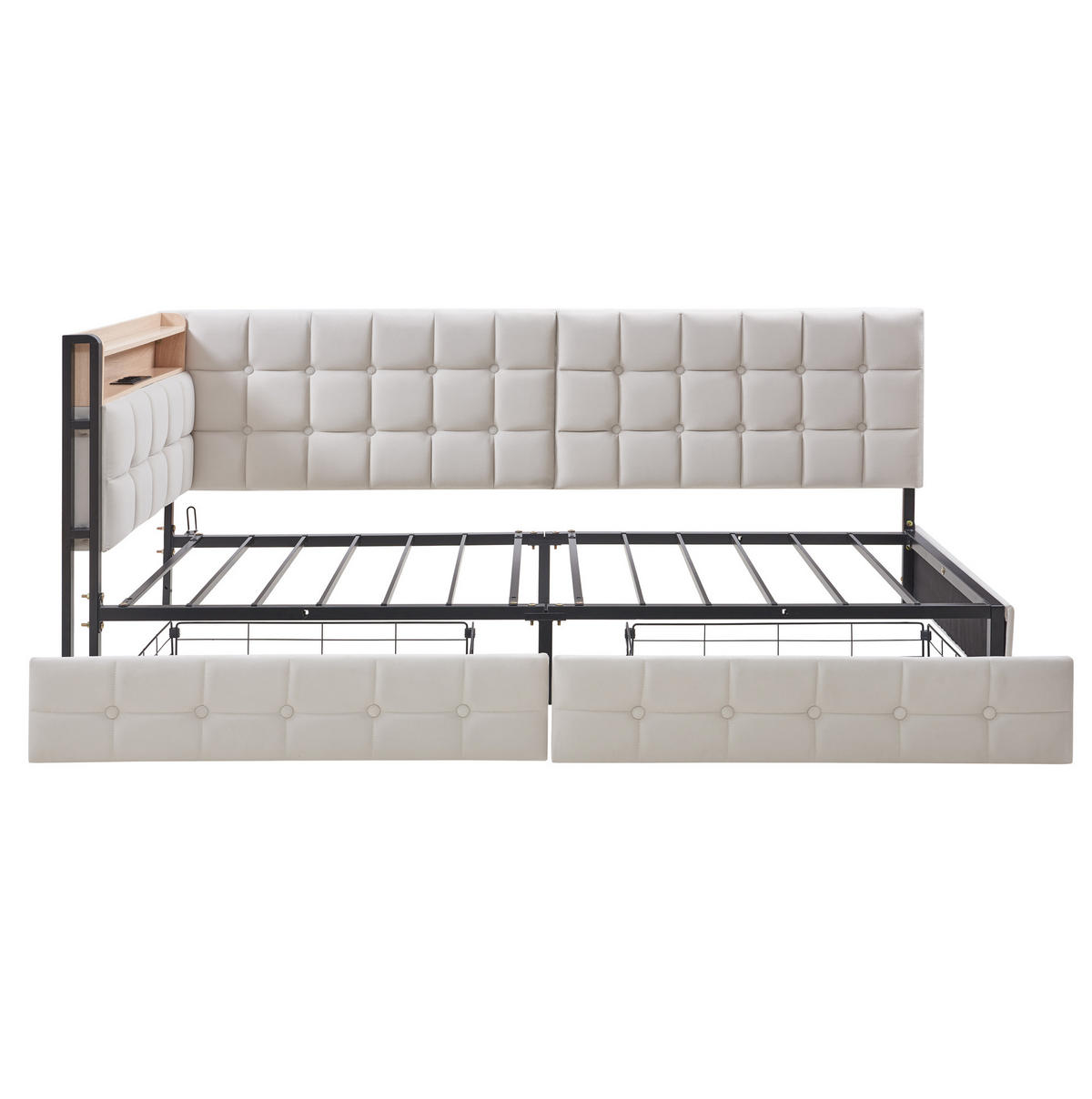 POLSTERBETT 90/200 cm Beige mit Stauraum mit LED-Beleuchtung und USB- und Type-C-Anschlüssen - Beige, Textil (90/200cm) - OKWISH
