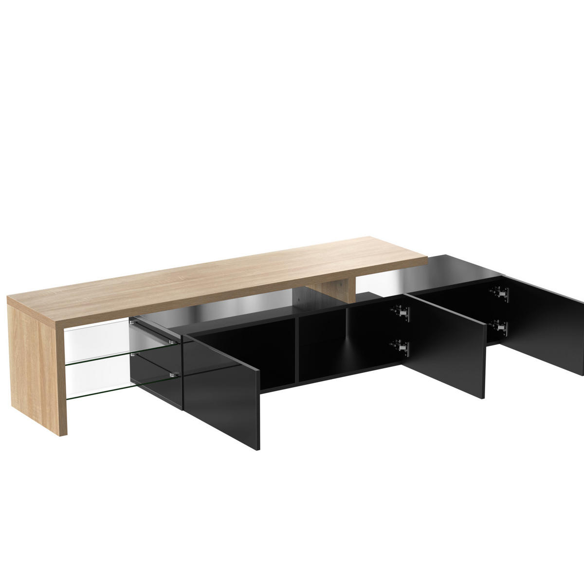 TV-LOWBOARD aus MDF und Glas 197,5x39x42 cm Natur/Schwarz mit 3 Schränken und LED-Beleuchtung - Naturfarben, Holzwerkstoff (197.5/42/39cm) - IVMEU