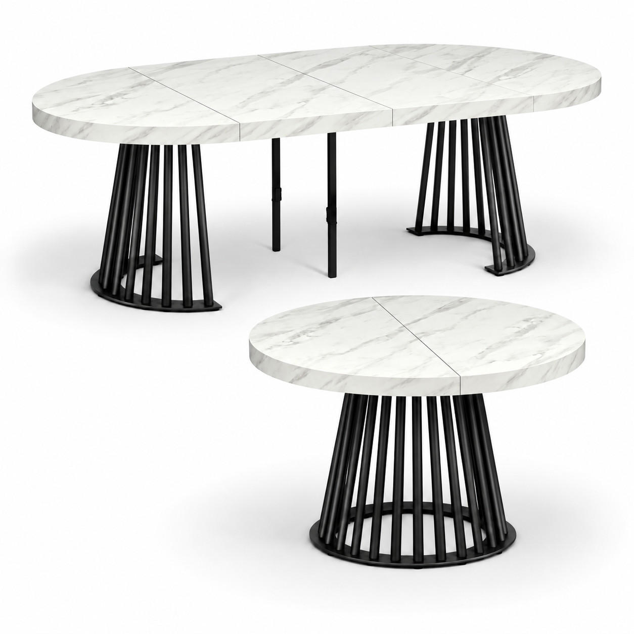 ESSTISCH rund ausziehbar 110/310/76 cm, Marmor, 54 cm Tischplatte + Lamellen-Metallgestell Schwarz - Hellgrau/Schwarz, Holzwerkstoff/Metall (110/310/76cm) - Damale Möbel