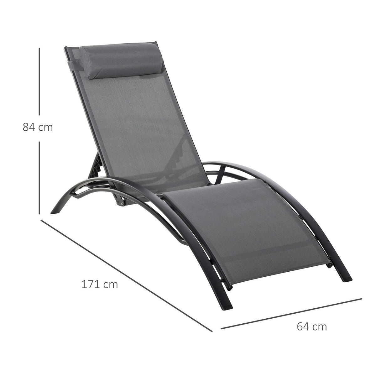 SONNENLIEGE 5-fach verstellbare Gartenliege mit abnehmbarem Kissen,171*64*84 cm - Grau, Metall (64/82/171cm) - Vallsero
