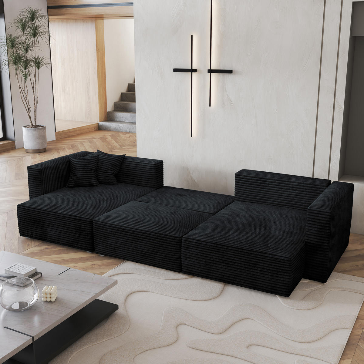 WOHNLANDSCHAFT SARMO Schwarz Kordstoff mit Schlaffunktion - Schwarz, Holz (347/90/148cm) - MASSENO