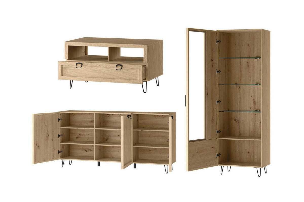 WOHNZIMMER-SET Limbo Eiche Artisan 3-teilig - Eiche Artisan/Braun, Holz/Metall (245/200/42cm) - Feldmann-Wohnen