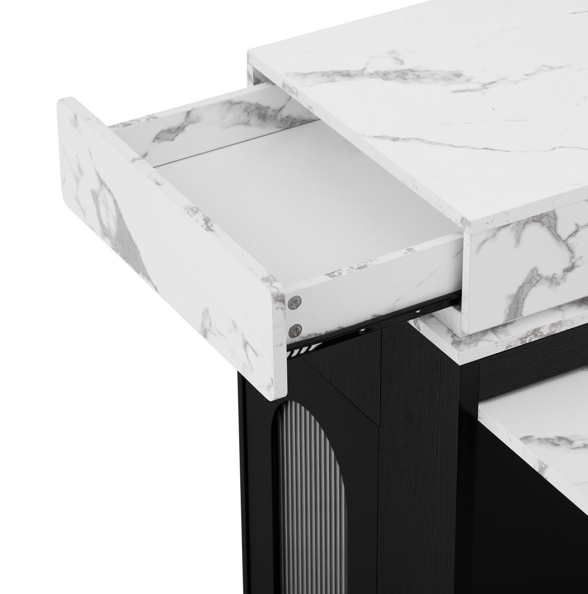 KUCHYŇSKÝ ostrov z MDF a skla 146x83x96 cm černý s rozkládací deskou, zásuvkou, policemi a vestavěnými zásuvkami - černá, kompozitní dřevo (146.5/96/83cm) - Modfu