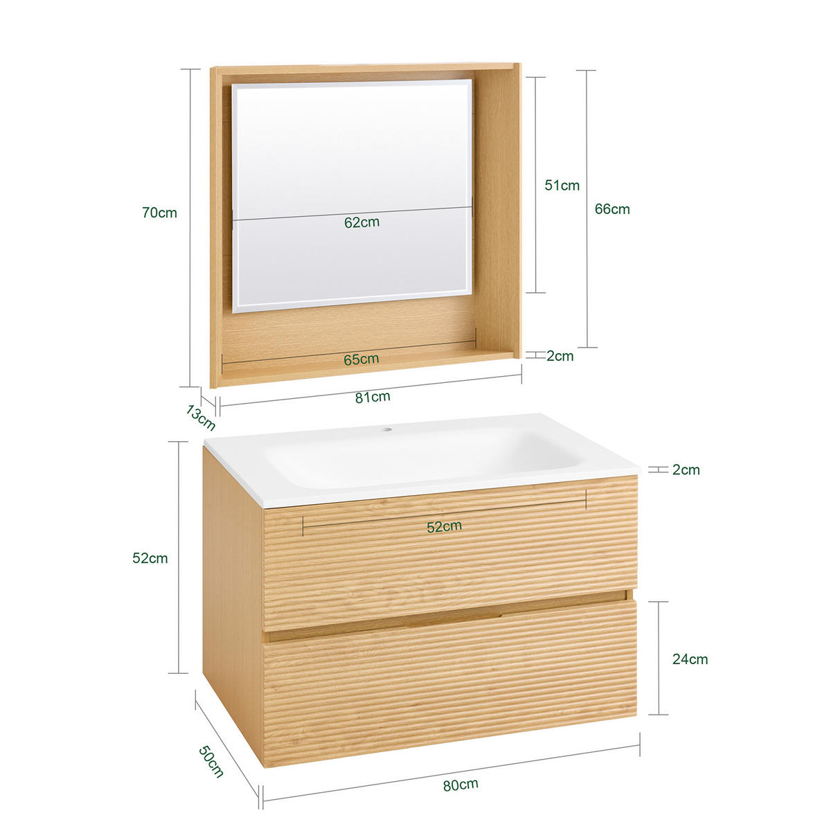 BADMÖBEL-SET Natur - Naturfarben, Glas/Keramik (80/52/50cm) - SoBuy