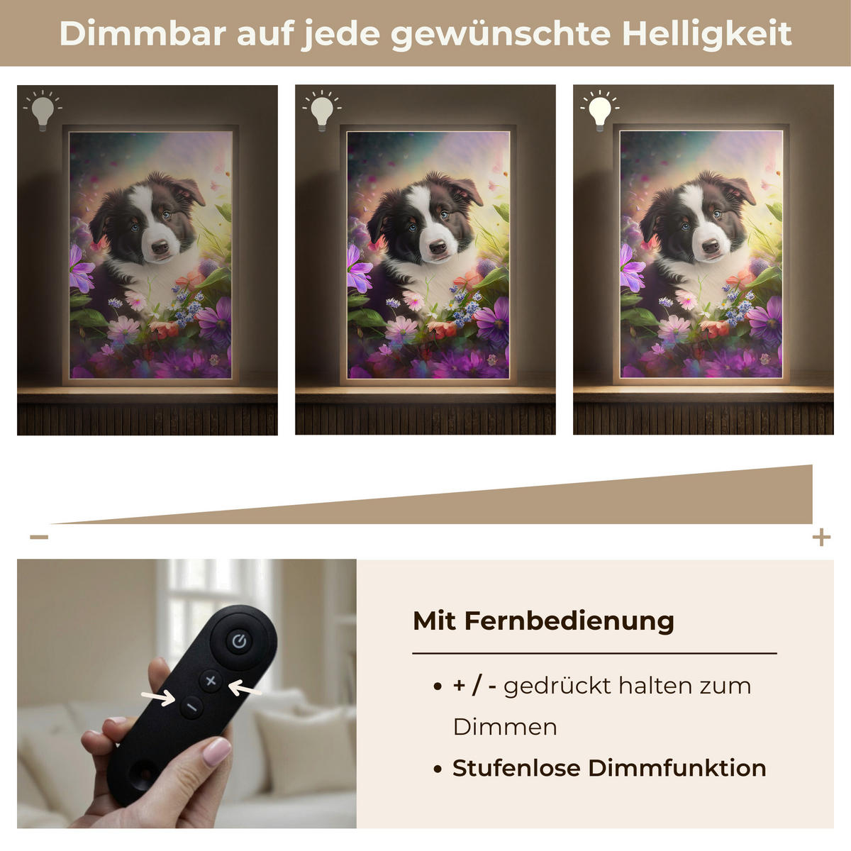 NÁSTĚNNÁ LAMPA S AKUMULÁTOREM Štěně - Slunce - Květiny - Příroda - Border kolie - Pes 40x60 cm - fialová, kompozitní dřevo (40/60/8cm) - OnlyWow