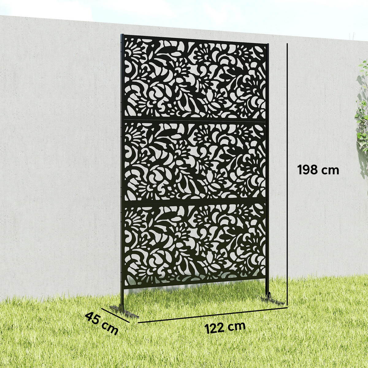 SICHTSCHUTZWAND,3-TEILIG Stahl Blumenmuster 122x45x198cm,schwarz - Schwarz, Metall (122/198cm) - Vallsero