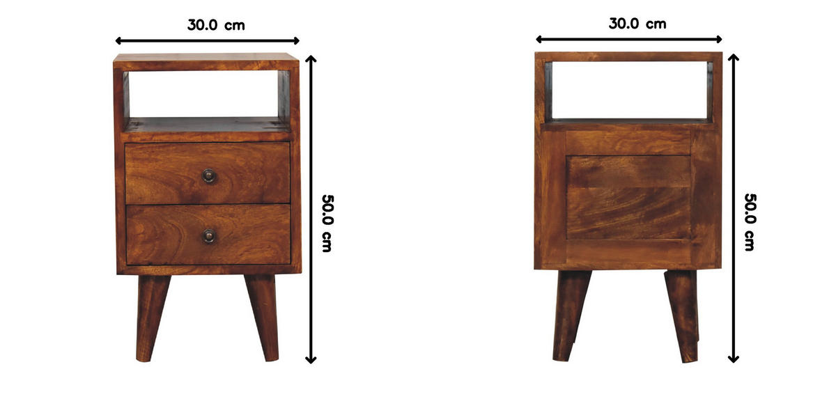 NACHTKASTEN Mini Klassisch Kastanie, 2 Schubladen und Offenes Fach, Dunkelbraun - Dunkelbraun/Messingfarben, Holz/Metall (30/50/30cm) - Artisan Furniture
