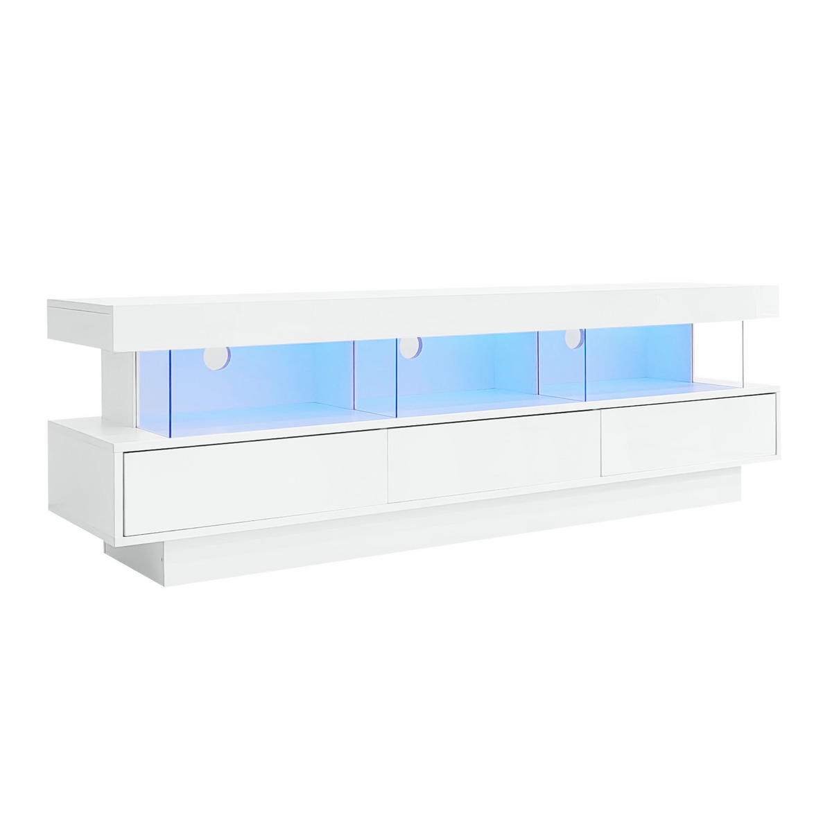 TV-SCHRANK aus Spanplatte 160x38x50,5 cm Weiß Hochglanz mit LED-Beleuchtung, Bluetooth-App-Steuerung und 3 Glasfächern - Weiß, Holzwerkstoff (160/50.5/38cm) - Modfu