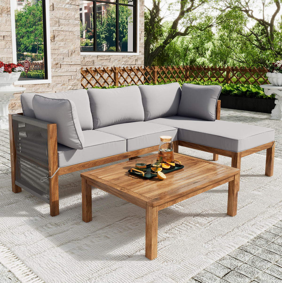 GARTENMÖBEL 117x58x80cm grau aus Akazie und mit Seil - Grau, Holz - Modfu