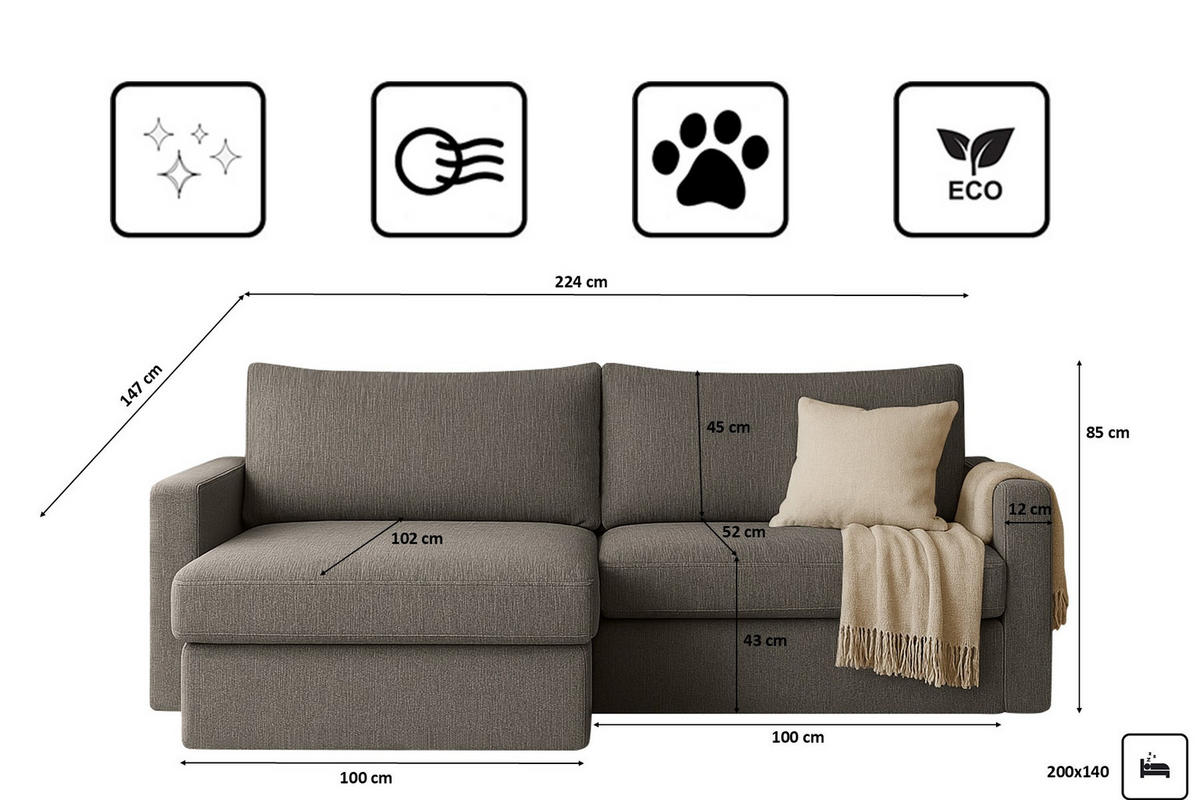 ECKSOFA Mit Schlaffunktion Und Bettzeugablage LUBEKA Stoff Faro Dunkelgrau Links - Dunkelgrau, Holz (140/147cm) - Kaiser Möbel
